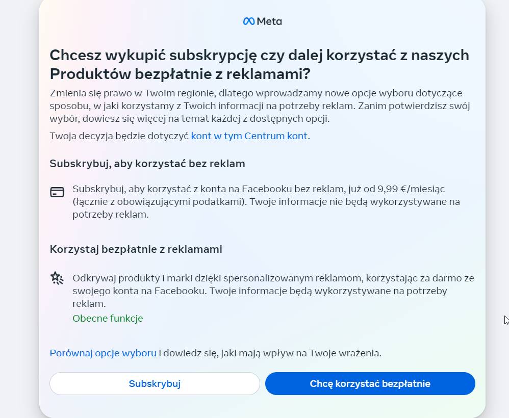 Skrin funkcji Meta premium