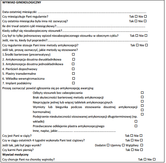 formularz wywiadu ginekologicznego dla farmaceutów