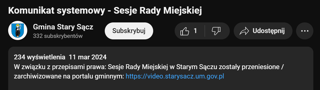 W związku z przepisami prawa: Sesje Rady Miejskiej w Starym Sączu zostały przeniesione / zarchiwizowane na portalu gminnym: https://video.starysacz.um.gov.pl