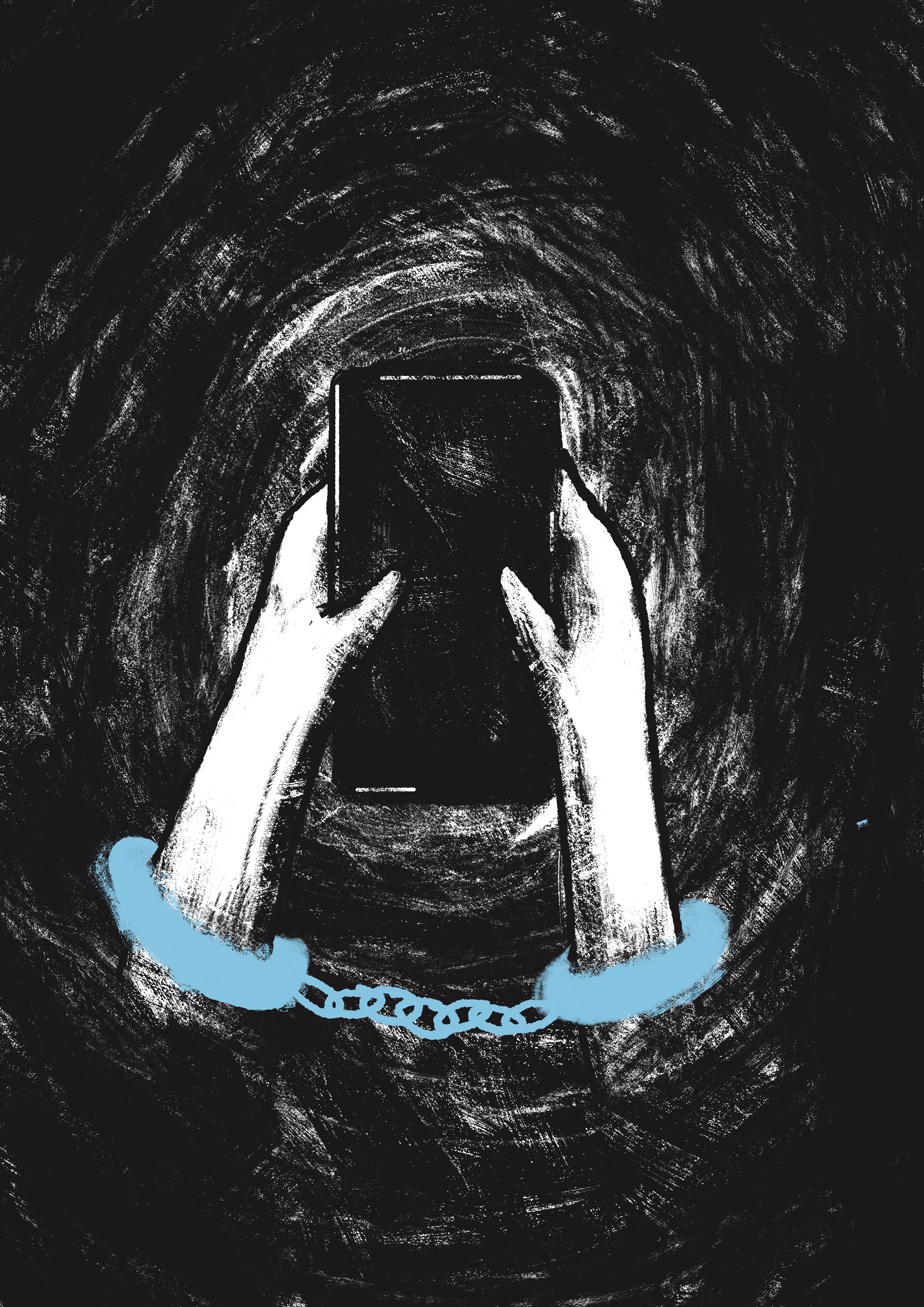 Grafika ze skłutymi rękoma trzymającymi telefon