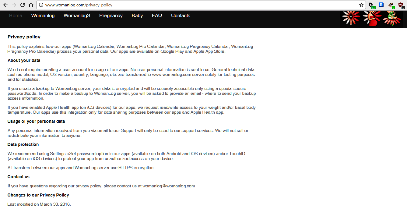 Printscreen polityki prywatności WomanLog