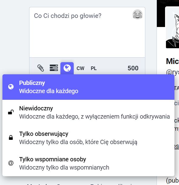 Widoczność posta na Mastodonie: publiczny, niewidoczny, tylko obserwujący lub tylko wspomniane osoby