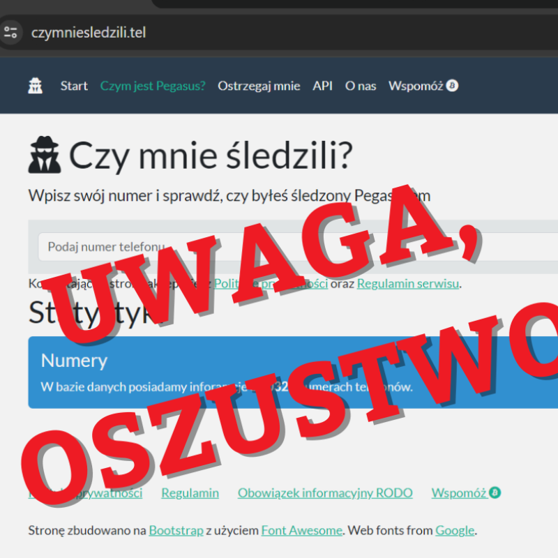 Skrin strony "Czy mnie śledzili?" Na niej napis "uwaga, oszustwo!"