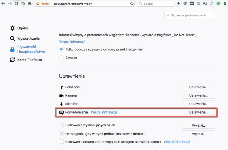 Zrzut ekranu. Powiadomienia Firefox
