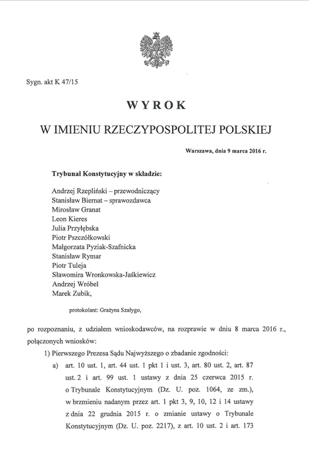 Pierwsza strona wyroku TK w sprawie K 47/15