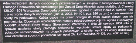 Tabliczka z informacją o administratorze danych osobowych z parkometru