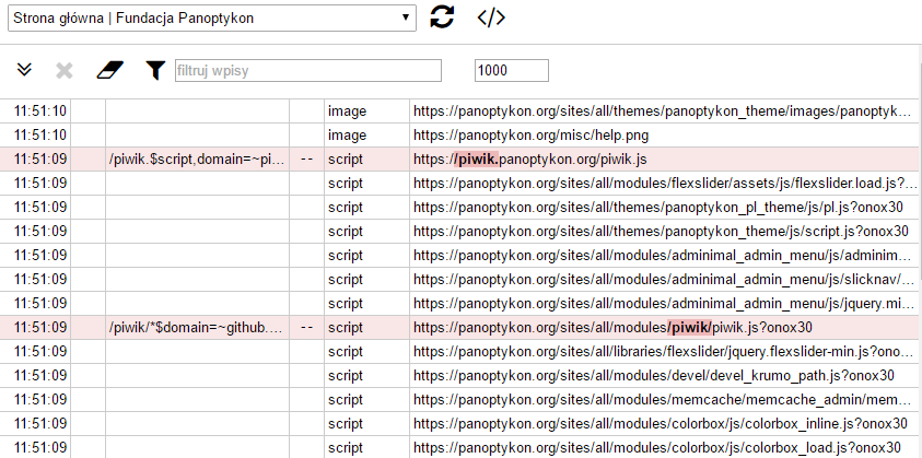 Dziennik żądań uBlock: panoptykon.org