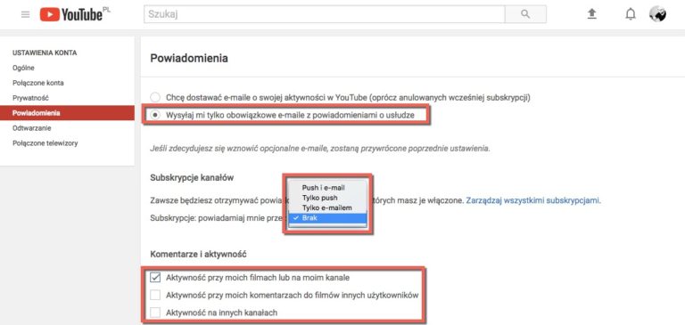 Zrzut ekranu. Powiadomienia YouTube